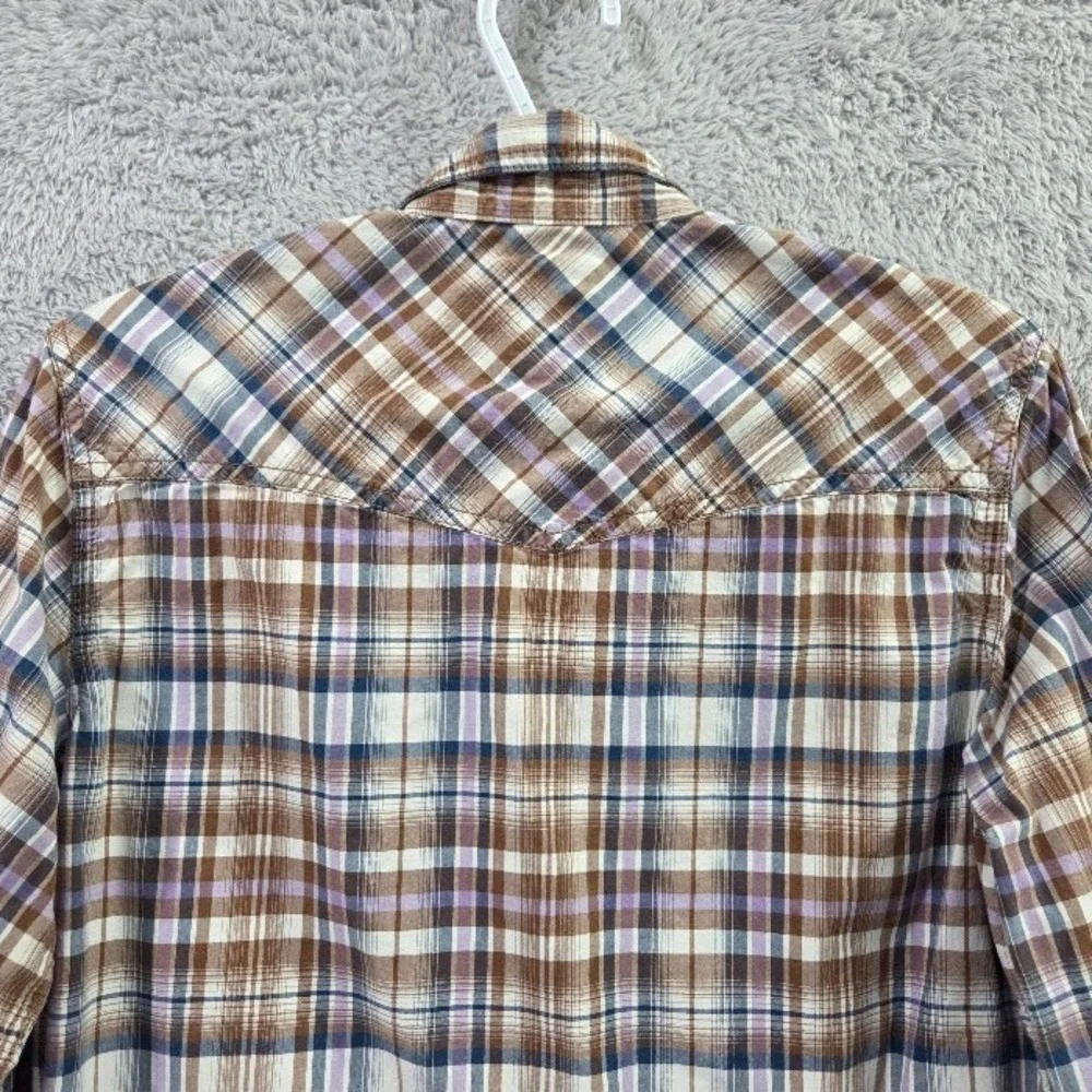Fossil 54 Authentic Men's Small Vintage Fit Plaid Western Pearl Snap Shirt Brown